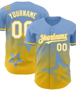 Custom Light Blue White-Yellow 3D Pattern Design Gradient Style Twinkle Star Authentic Baseball Jersey