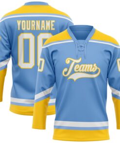 Custom Light Blue White-Yellow Hockey Lace Neck Jersey