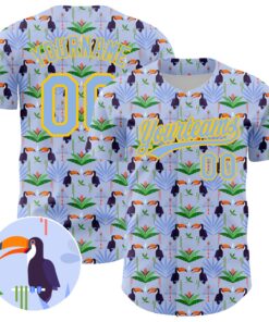 Custom Light Blue Yellow 3D Pattern Design Animal Toucan And Tropical Hawaii Palm Leaves Authentic Baseball Jersey