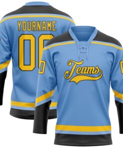 Custom Light Blue Yellow-Black Hockey Lace Neck Jersey