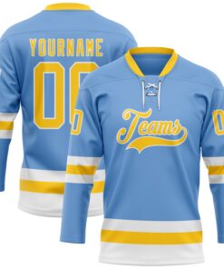 Custom Light Blue Yellow-White Hockey Lace Neck Jersey