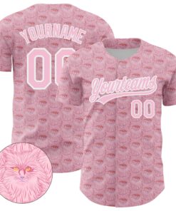 Custom Light Pink White 3D Pattern Design Animal Cat Authentic Baseball Jersey