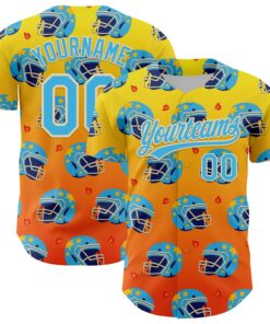 Custom Light Yellow Sky Blue Orange-Cream 3D Pattern Design Flame Football Helmet Authentic Baseball Jersey