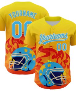 Custom Light Yellow Sky Blue Orange-Cream 3D Pattern Design Flame Football Helmet Authentic Baseball Jersey