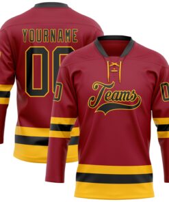 Custom Maroon Black-Gold Hockey Lace Neck Jersey