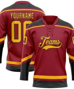 Custom Maroon Gold-Black Hockey Lace Neck Jersey