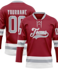 Custom Maroon Gray-White Hockey Lace Neck Jersey
