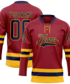 Custom Maroon Navy-Gold Hockey Lace Neck Jersey