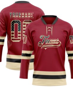 Custom Maroon Vintage USA Flag Cream-Black Hockey Lace Neck Jersey