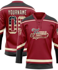 Custom Maroon Vintage USA Flag Cream-Black Hockey Lace Neck Jersey