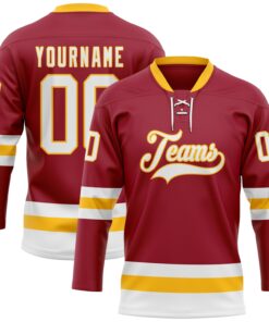 Custom Maroon White-Gold Hockey Lace Neck Jersey