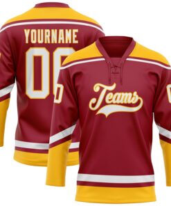 Custom Maroon White-Gold Hockey Lace Neck Jersey