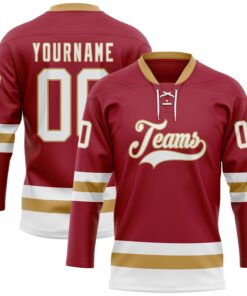 Custom Maroon White-Old Gold Hockey Lace Neck Jersey