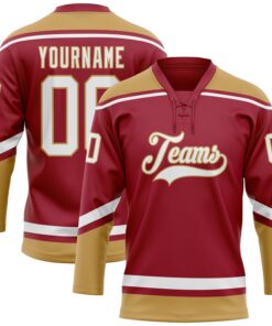 Custom Maroon White-Old Gold Hockey Lace Neck Jersey