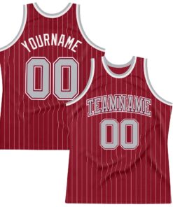 Custom Maroon White Pinstripe Gray Authentic Basketball Jersey