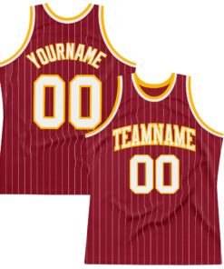 Custom Maroon White Pinstripe White-Gold Authentic Basketball Jersey