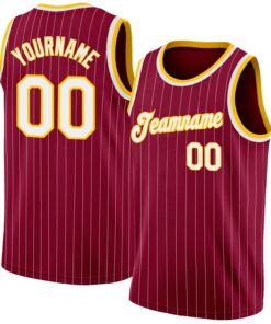Custom Maroon White Pinstripe White-Gold Authentic Basketball Jersey