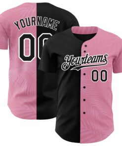 Custom Medium Pink Black-White 3D Pattern Design Tropical Hawaii Palm Leaves Authentic Baseball Jersey