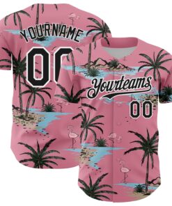 Custom Medium Pink Black-White 3D Pattern Design Tropical Hawaii Palm Trees Authentic Baseball Jersey