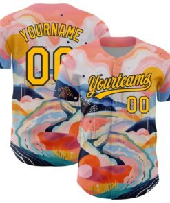 Custom Medium Pink Gold-Black 3D Pattern Design Abstract Painting Authentic Baseball Jersey