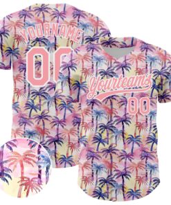 Custom Medium Pink White 3D Pattern Design Tropical Hawaii Palm Trees Authentic Baseball Jersey
