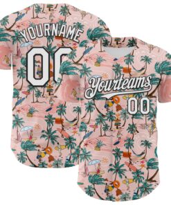 Custom Medium Pink White-Black 3D Hawaii Beach Tropical Palm Tree Surfing Authentic Baseball Jersey