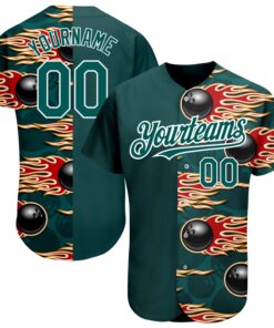 Custom Midnight Green White 3D Pattern Design Bowling Ball With Hotrod Flame Authentic Baseball Jersey