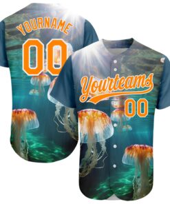 Custom Navy Bay Orange-White 3D Pattern Design Jellyfish In The Ocean Authentic Baseball Jersey