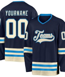 Custom Navy Cream-Blue Hockey Jersey