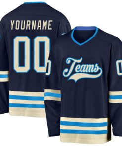Custom Navy Cream-Blue Hockey Jersey