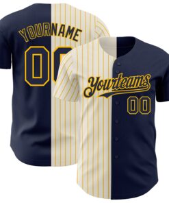 Custom Navy Cream-Gold Pinstripe Authentic Split Fashion Baseball Jersey