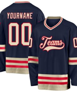 Custom Navy Cream-Red Hockey Jersey