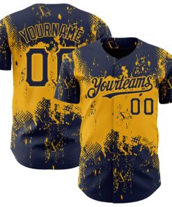 Custom Navy Gold 3D Pattern Design Abstract Splatter Grunge Art Authentic Baseball Jersey