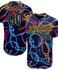 Custom Navy Gold 3D Pattern Design Bowling Authentic Baseball Jersey