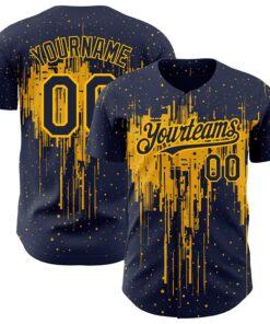 Custom Navy Gold 3D Pattern Design Dripping Splatter Art Authentic Baseball Jersey