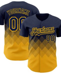 Custom Navy Gold 3D Pattern Design Gradient Square Shapes Authentic Baseball Jersey