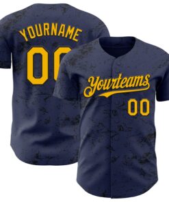 Custom Navy Gold-Black 3D Pattern Design Abstract Splatter Texture Authentic Baseball Jersey