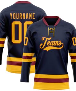 Custom Navy Gold-Crimson Hockey Lace Neck Jersey