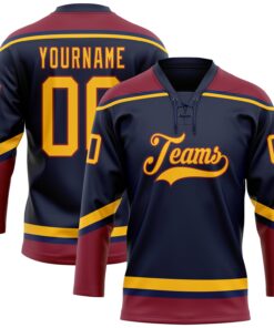 Custom Navy Gold-Crimson Hockey Lace Neck Jersey