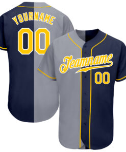 Custom Navy Gold-Gray Authentic Split Fashion Baseball Jersey