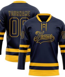 Custom Navy Gold Hockey Lace Neck Jersey