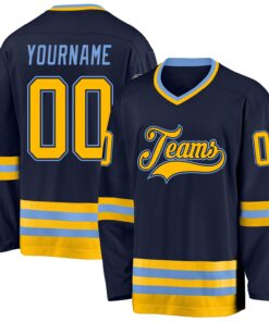 Custom Navy Gold-Light Blue Hockey Jersey
