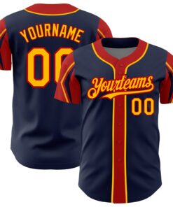 Custom Navy Gold-Red 3 Colors Arm Shapes Authentic Baseball Jersey