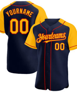 Custom Navy Gold-Red Authentic Raglan Sleeves Baseball Jersey