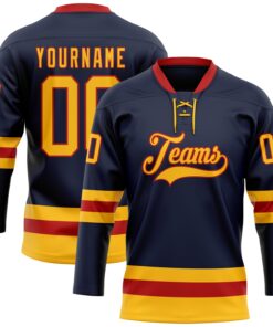 Custom Navy Gold-Red Hockey Lace Neck Jersey
