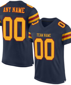 Custom Navy Gold-Red Mesh Authentic Football Jersey