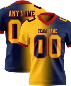 Custom Navy Gold-Red Mesh Authentic Gradient Fashion Football Jersey