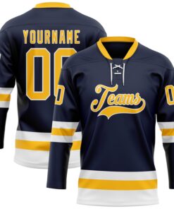 Custom Navy Gold-White Hockey Lace Neck Jersey