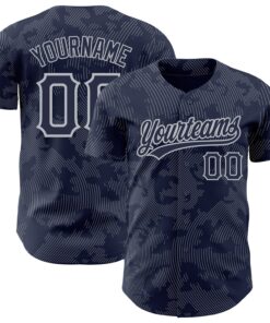 Custom Navy Gray 3D Pattern Design Curve Lines Authentic Baseball Jersey