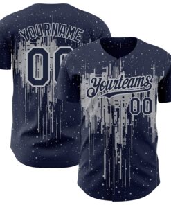 Custom Navy Gray 3D Pattern Design Dripping Splatter Art Authentic Baseball Jersey